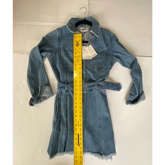 Show Me Your Mumu Denim Jean Dress Longsleeve Dress Belted Raw Hem SMALL NWT - Picture 5 of 7
